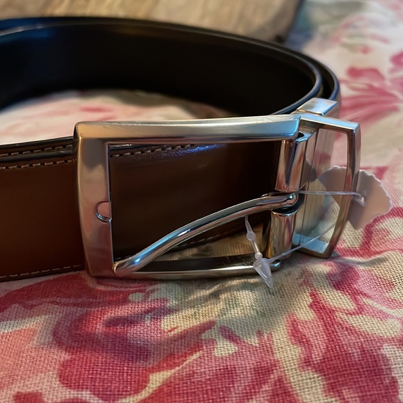 PERRY ELLIS Size W 32-38” Bonded Leather Belt Square Bright Silver Brown $49 NEW - Picture 12 of 13